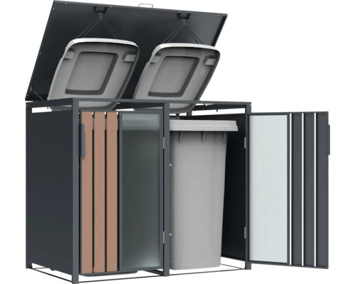 Mülltonnenbox für zwei Mülltonnen mit geöffnetem Deckel und Türen