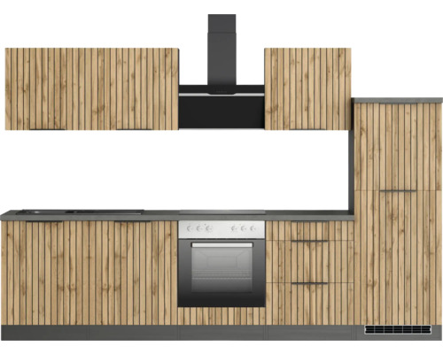 Komplette Küche mit Holzfronten, Arbeitsplatte, Herd und Dunstabzugshaube