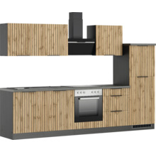 Küchenzeile mit Spüle, Herd, Dunstabzugshaube und Schränken