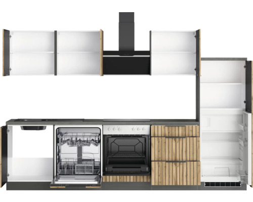 Komplette Küche mit Spülmaschine, Herd, Dunstabzugshaube und Kühlschrank