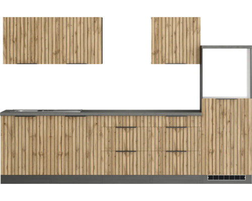 Held Möbel Küchenzeile ohne Geräte Trient 300 cm eiche matt zerlegt Variante reversibel 1104.6355 Moderne Küche mit Holzfronten, Arbeitsplatte und Hängeschränken.