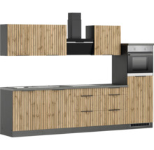 Moderne Küche mit Hängeschränken, Dunstabzugshaube, Spüle, Arbeitsplatte, Schubladen und Backofen