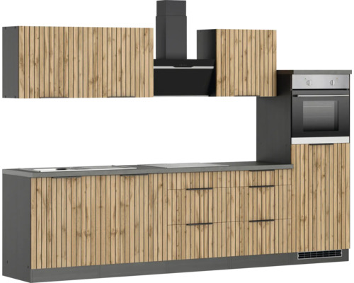 Moderne Küche mit Hängeschränken, Dunstabzugshaube, Spüle, Arbeitsplatte, Schubladen und Backofen