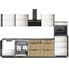 Moderne Küche mit Spüle, Geschirrspüler, Backofen, Dunstabzugshaube und Stauraum