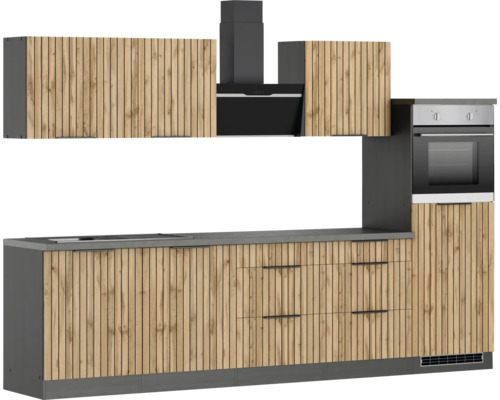 Moderne Küche mit Holzfronten, Dunstabzugshaube und Backofen