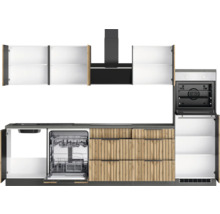 Küchenzeile mit Spülmaschine, Backofen, Dunstabzugshaube und Schränken