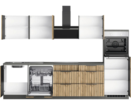 Küchenzeile mit Spüle, Geschirrspüler, Herd und Dunstabzugshaube