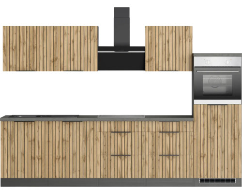 Moderne Küche mit Holzfronten, Dunstabzugshaube und Backofen