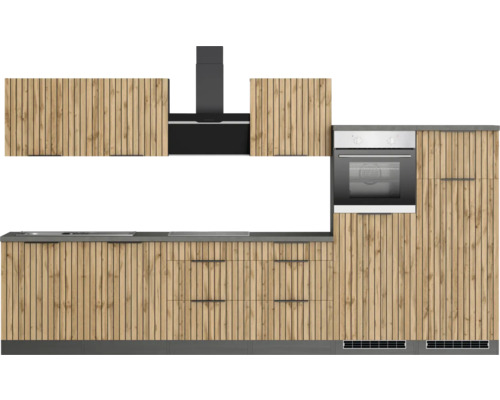 Küchenzeile mit Spüle, Kochfeld, Backofen und Dunstabzugshaube