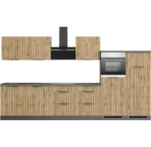 Komplette Küche mit Hängeschränken, Dunstabzugshaube, Spüle, Schubladen und Backofen