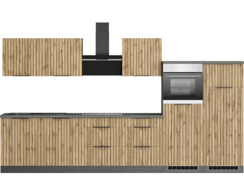 Komplette Küche mit Hängeschränken, Dunstabzugshaube, Spüle, Schubladen und Backofen