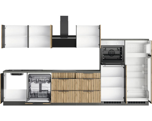 Komplette Küche mit Spülmaschine, Herd, Kühlschrank, Dunstabzugshaube und Hängeschränken