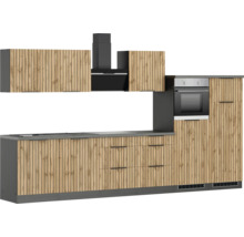 Moderne Küche mit Spüle, Schubladen, Backofen und Dunstabzugshaube