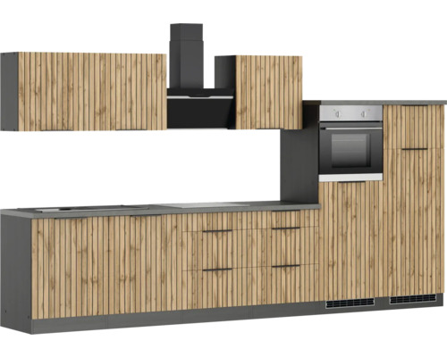 Moderne Küche mit Spüle, Schubladen, Backofen und Dunstabzugshaube