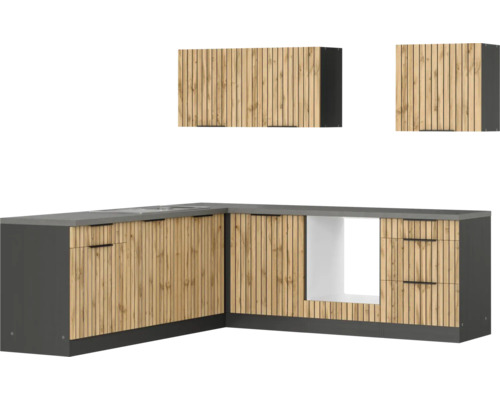 Held Möbel Winkelküche ohne Geräte Trient 240 cm eiche matt zerlegt Variante reversibel 1112.6355 Küchenzeile mit Spüle und Hängeschränken im Holzdesign