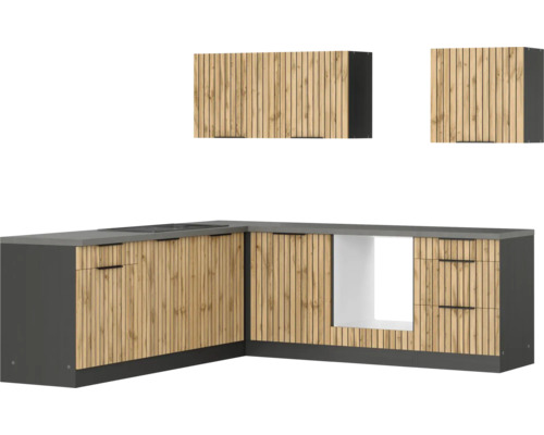 Held Möbel Winkelküche ohne Geräte Trient 240 cm eiche matt zerlegt Variante reversibel 1112.6356 Küchenzeile mit Holzfronten und grauer Arbeitsplatte