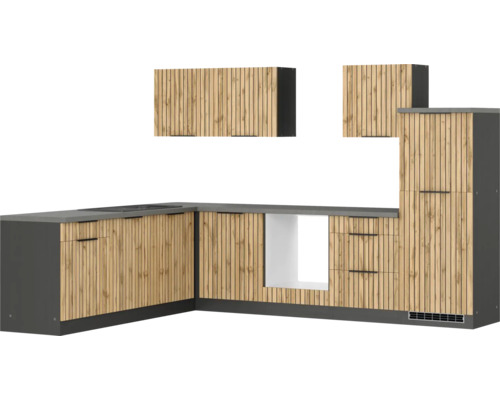 Held Möbel Winkelküche ohne Geräte Trient 300 cm eiche matt zerlegt Variante reversibel 1114.6356 Moderne Küche mit Holzfronten und dunkler Arbeitsplatte