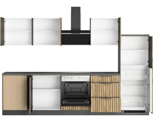 Küchenzeile mit Spülschrank, Kochfeld, Dunstabzugshaube, Backofen, Hängeschränken und Kühlschrank