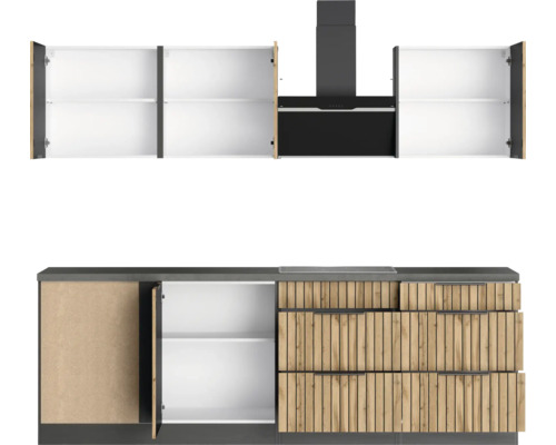 Küchenzeile mit Dunstabzugshaube und offenstehenden Schränken