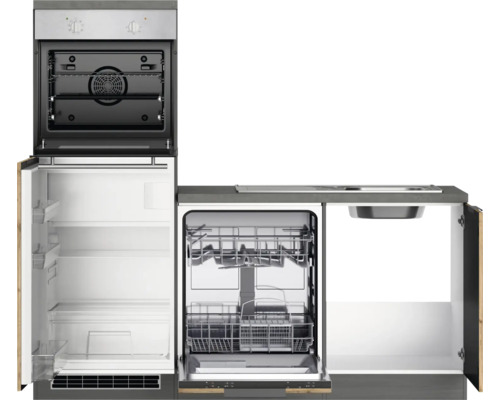 Kompakte Küchenzeile mit Backofen, Kühlschrank, Geschirrspüler und Spüle