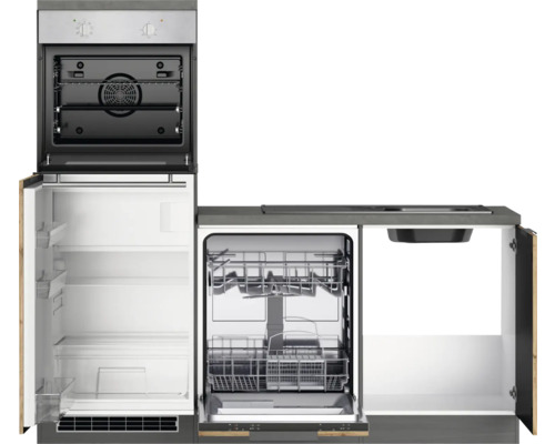 Küchenzeile mit Backofen, Kühlschrank und Geschirrspüler