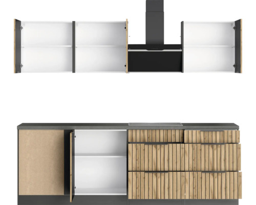 Küchenzeile mit Hängeschränken, Dunstabzugshaube und Unterschränken