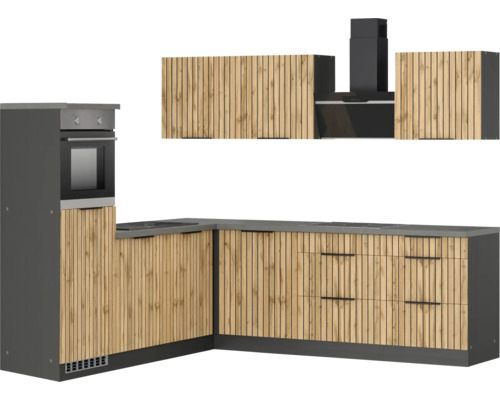 Moderne Küche mit Holzfronten, Dunstabzugshaube und Backofen