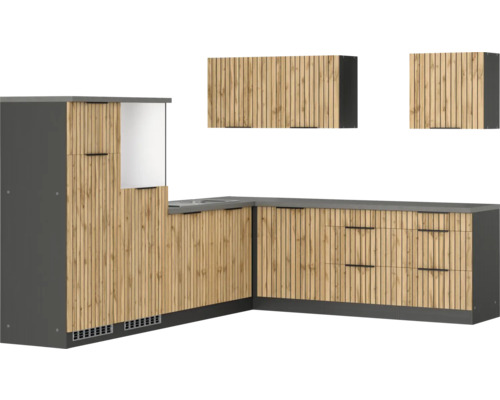 Held Möbel Winkelküche ohne Geräte Trient 300 cm eiche matt zerlegt Variante reversibel 1121.6355 Moderne Küche mit Holzfronten und grauen Arbeitsplatten