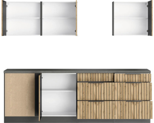 Kombination aus Unterschrank und Hängeschrank für Badezimmer mit offenem Schrank, Schubladen und Ablageflächen