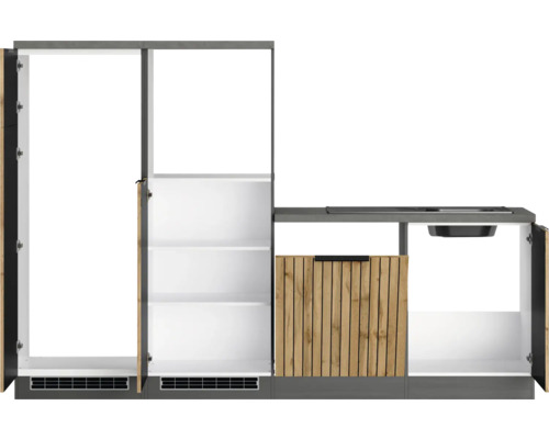 Outdoor Küche mit Schrank, Regalen, Spüle und Stauraum