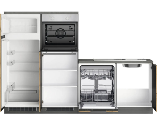 Kompakte Küchenzeile mit Kühlschrank, Backofen, Geschirrspüler und Spüle