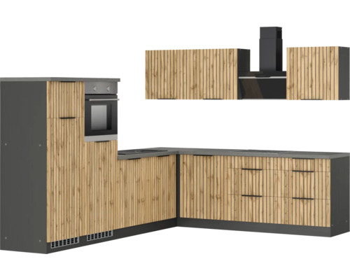 Moderne Küche mit Holzfronten und dunkler Arbeitsplatte