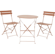 Gartentischgruppe mit zwei Klappstühlen und einem runden Tisch für den Garten.