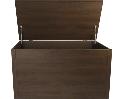 Aufbewahrungsbox Wilk 414 l inkl. Gasdruckfedern 117 x 62 x 63 cm Holzoptik Geöffnete Aufbewahrungsbox für den Innen- und Außenbereich