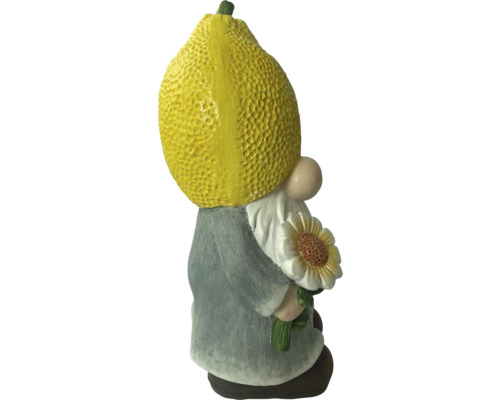 Gartenzwerg mit Zitrone als Kopf und Sonnenblume in der Hand