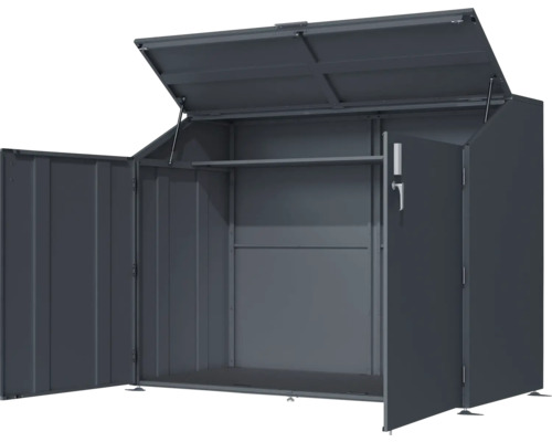 Offener Geräteschuppen mit Regalboden und Tür