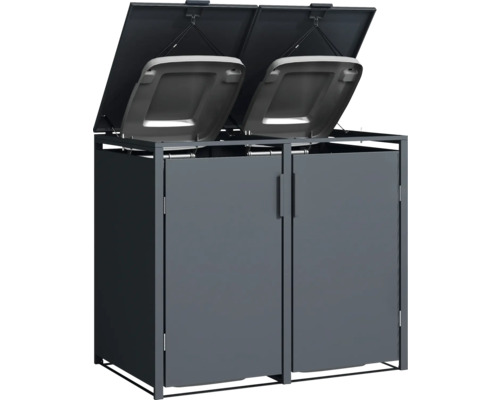 Doppelter Mülltonnenbox mit geöffneten Deckeln zur Aufbewahrung im Außenbereich