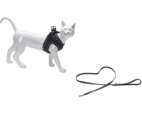 Beeztees Katzengeschirr mit Leine Parinca schwarz M/L, Nylon, Halsumfang ca. 26 -31cm, Brustumfang ca. 37 - 42 cm Katzengeschirr mit Leine an einer Katzenpuppe