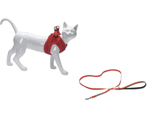 Beeztees Katzengeschirr mit Leine Parinca rot S/M, Nylon, Halsumfang ca. 23-28 cm, Brustumfang ca. 31 - 37 cm Katzen-Sicherheitsgeschirr mit Leine an einer Katzenpuppe