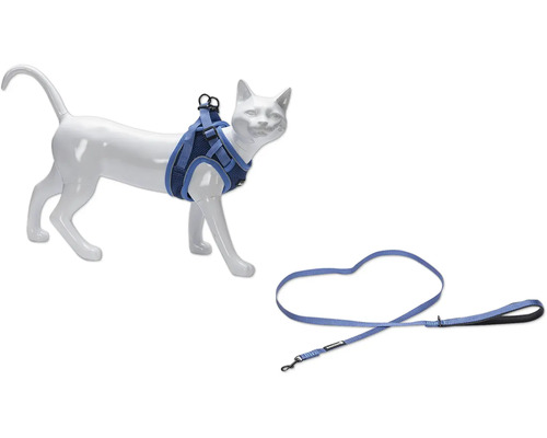 Beeztees Katzengeschirr mit Leine Parinca blau S/M, Nylon, Halsumfang ca. 23-28 cm, Brustumfang ca. 31 - 37 cm Katzen Brustgeschirr mit Leine auf einer Katzenattrappe
