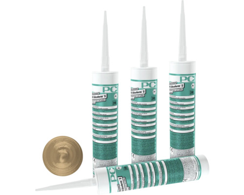 PCI Silcoferm® S Silikon Dichtstoff für innen und aussen caramel 310 ml Mehrere Tuben PCI Silcoferm S Dichtstoff und ein Muster der Dichtmasse