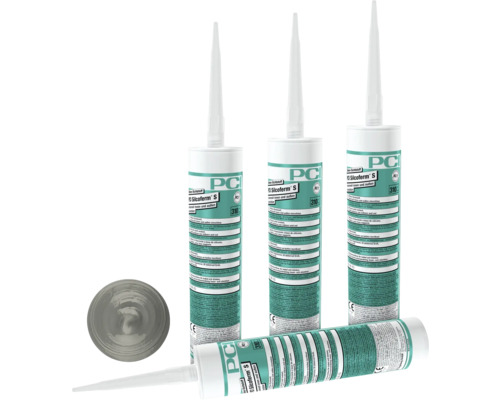 PCI Silcoferm® S Silikon Dichtstoff für innen und aussen sandgrau 310 ml Mehrere Kartuschen PCI Silcoferm S Dichtstoff und eine graue Abdeckung