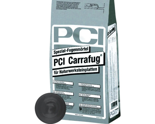 PCI Carrafug Spezial-Fugenmörtel für Naturwerksteinplatten Verpackung mit Fugenmörtelprobe