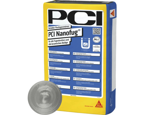 PCI Nanofug® Variabler Flexfugenmörtel für Steingut- und Steinzeugbeläge hellgrau 15 kg PCI Nanofug flexibler Fugenmörtel für alle Fugenbreiten und keramischen Beläge in einem gelben Sack mit dem Sika Logo