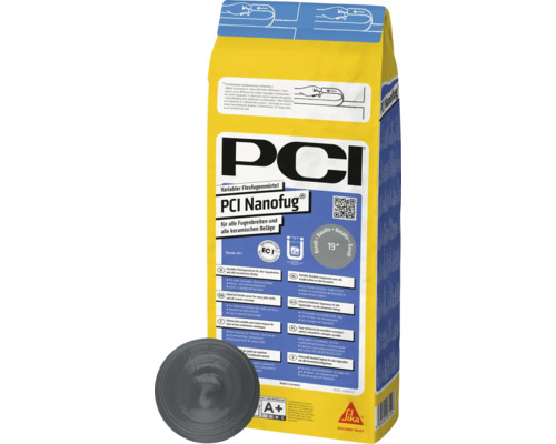 PCI Nanofug® Variabler Flexfugenmörtel für alle Fugenbreiten und alle keramischen Beläge basalt 4 kg PCI Nanofug flexibler Fugenmörtel für alle Fugenbreiten und keramischen Beläge in gelber Verpackung mit Basalt Farbbeispiel