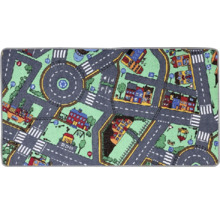 Spielteppich mit Straßenmuster, Gebäuden und Verkehrsschildern