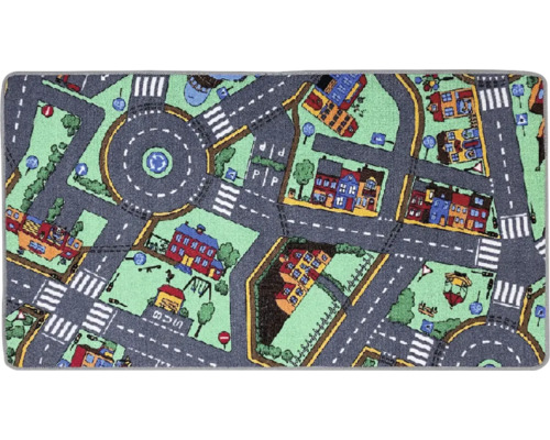 Spielteppich mit Straßenmuster, Gebäuden und Verkehrsschildern