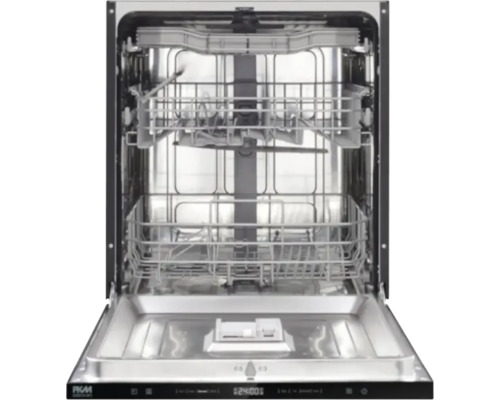 Offene Geschirrspülmaschine mit zwei Körben und Bedienfeld