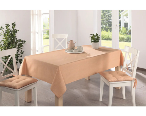 Esstisch mit einfarbiger Tischdecke und Stühlen mit Kissen