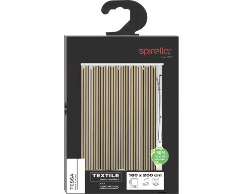 Verpackung einer Duschvorhangs aus wasserabweisendem Textil mit den Maßen 180 mal 200 cm